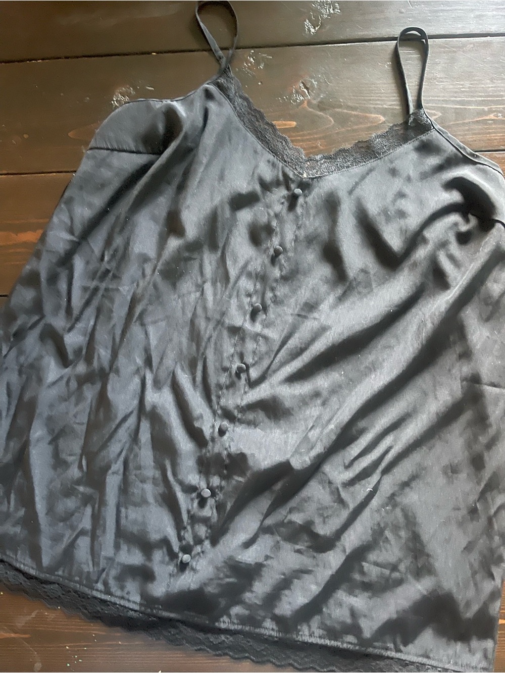 easel Black Satin Lace-Trim Camisole with Front Covered Buttons